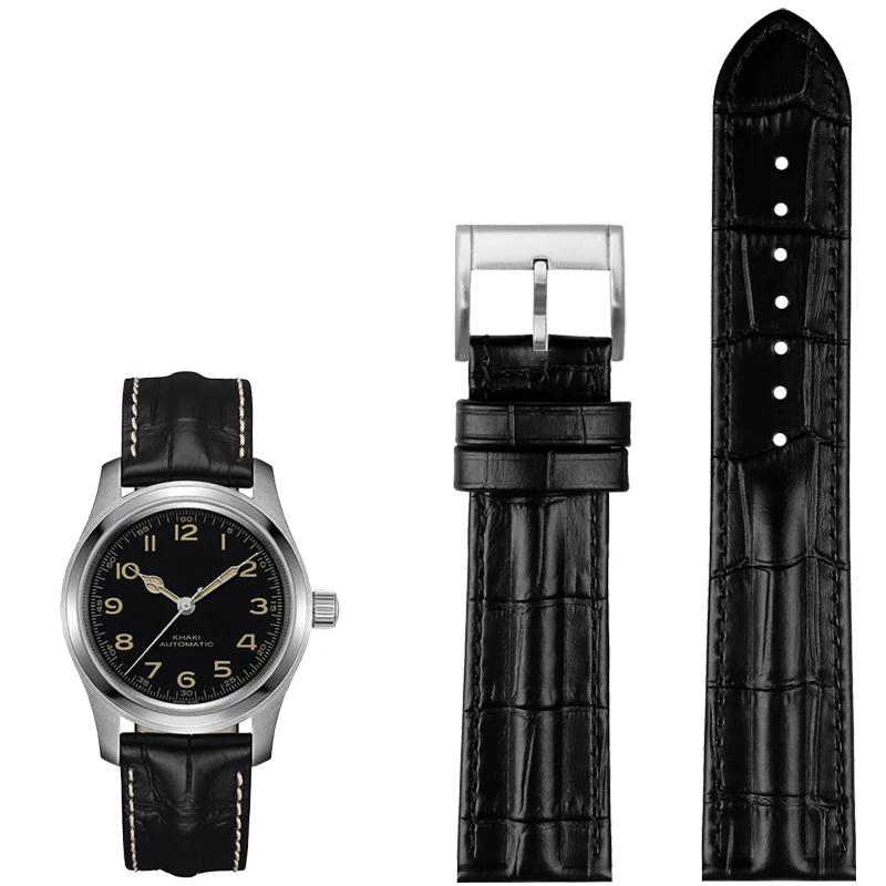 For Hamilton Genuine Leather WatchBand Khaki H7060573 Cowhide Bracelet Crocodile Skin Texture Strap 20mm 22mm Men's Black Brown