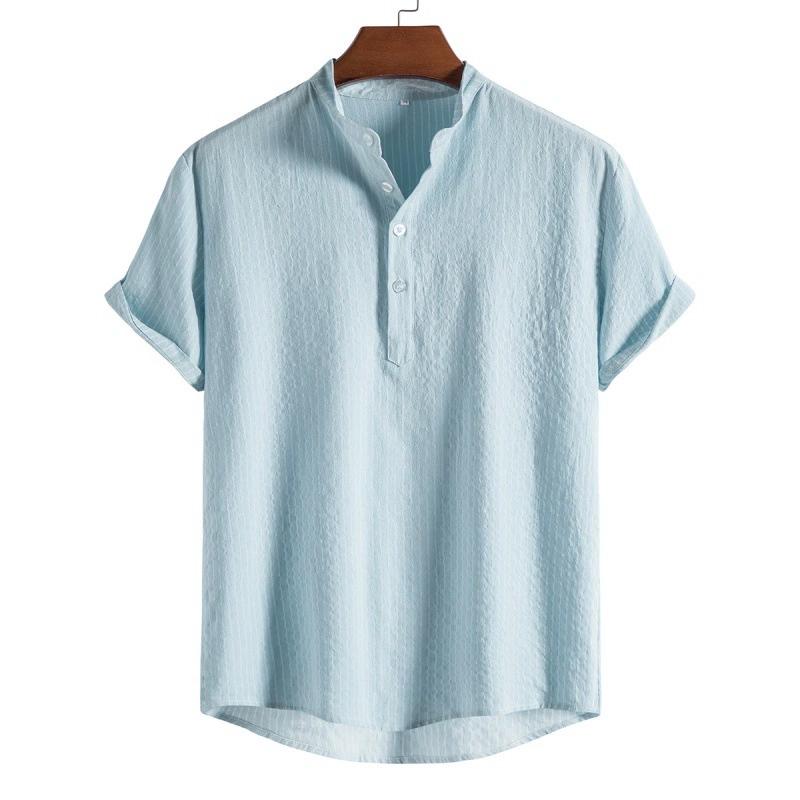 Men Summer Shirt Solid Color Stand Collar Men T-shirt Loose Buttons Short Sleeves Men T-shirt Simple Style Mid Length Men Top