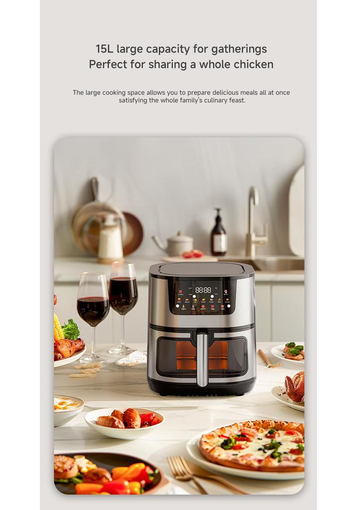 15L Large Capacity Air Fryer with Visual Baking and Integrated Stainless Steel Electric Oven