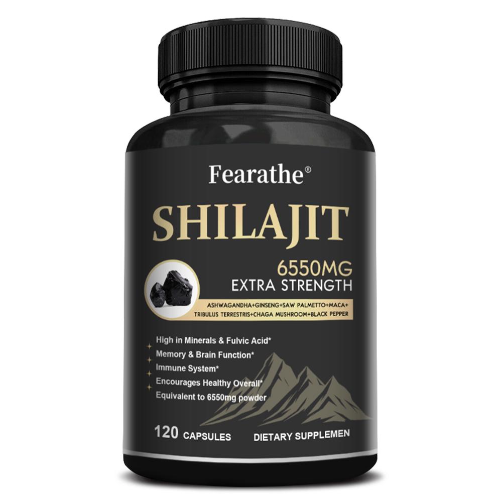 Fearathe Shilajit Extra Strength Supplement  Complex with Ashwagandha, Ginseng, Saw Palmetto, Maca, Tribulus, Chaga & Black Pepper, 120 Caps