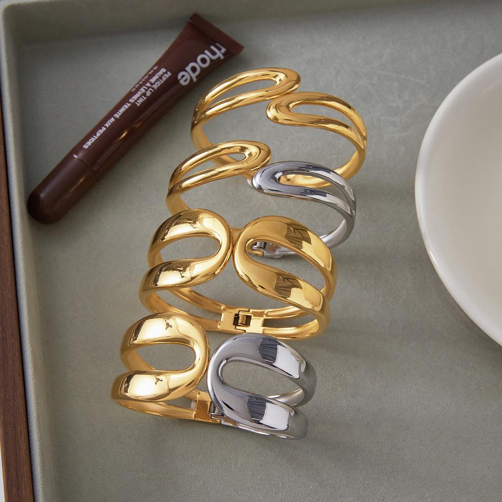 Yori Waterproof 18K Gold Plated Geometric Stainless Steel Double Color Cuff Bracelet Bangle Statement Charm Texture Jewelry New