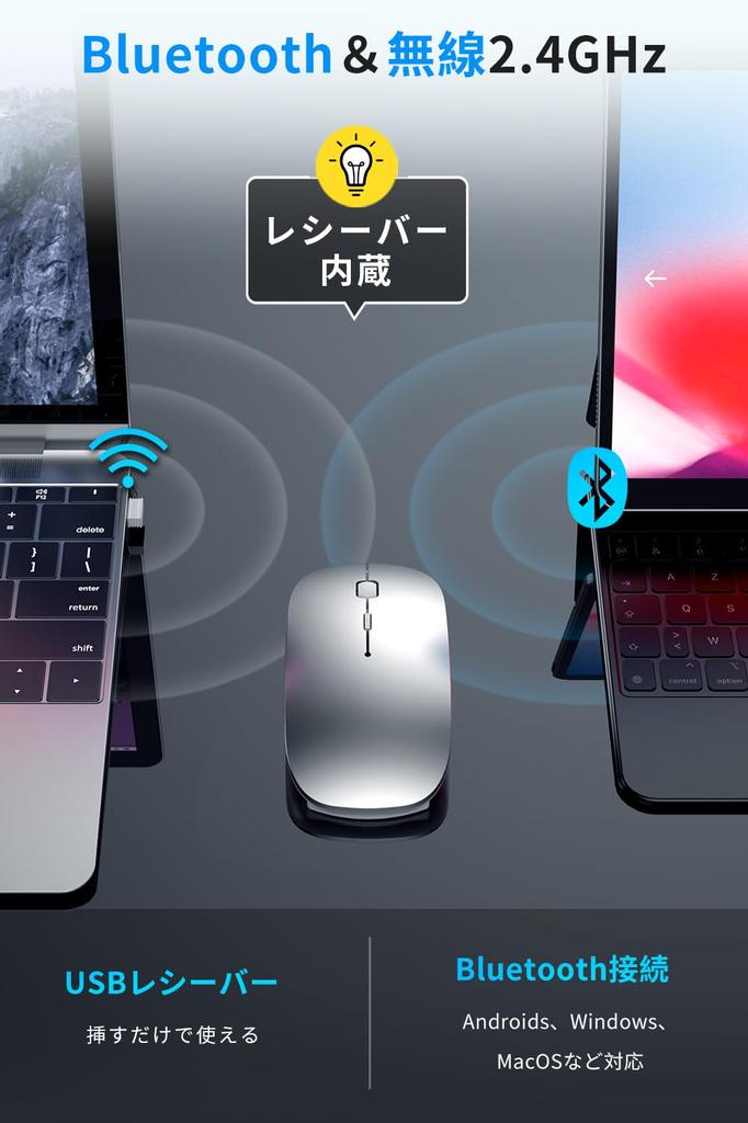 Rechargeable Bluetooth Wireless 3dpi TELEC Compatible with and Smartphones Mouse, 2.4GHz Optical, Switchable, Quiet, Slim, Compact, High-Precision,