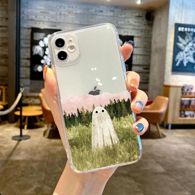 Soft TPU Clear Shockproof Phone Case for IPhone 11 12 13 14 Mini Pro Max XR X XS 8 7 6 6S Plus SE 2020 Cute Ghost Cover Bag