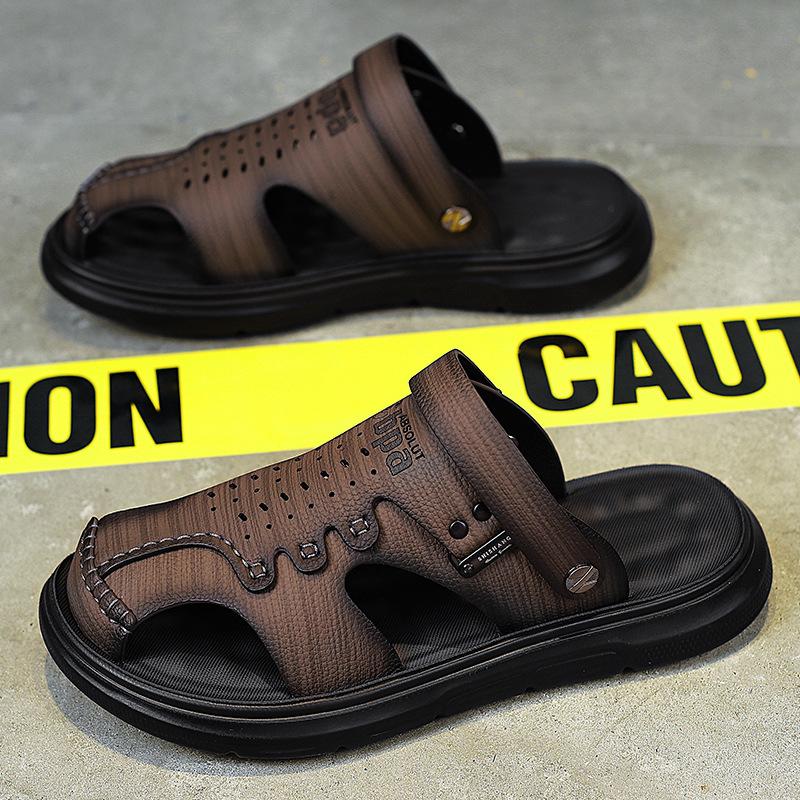 

Leather sandals men s summer wear men s bag head slippers driving dual-purpose beach sports soft-soled sandals 44 сірий колір