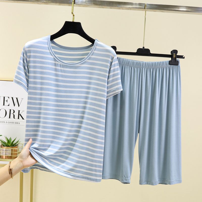 

Модальная футболка с коротким рукавом в полоску, женская летняя, большого внутреннего размера, базовая, повседневная, свободная, пижамные шорты, комплект из двух предметов Blue XL (60.00 kg-70.00 kg recommended