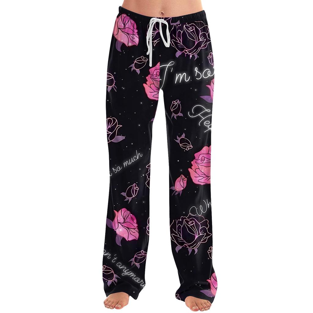 Womens Pajama Pants Sleepwear Casual Drawstring Elastic Waist Pants Comfy Straight Yoga Loose Trousers