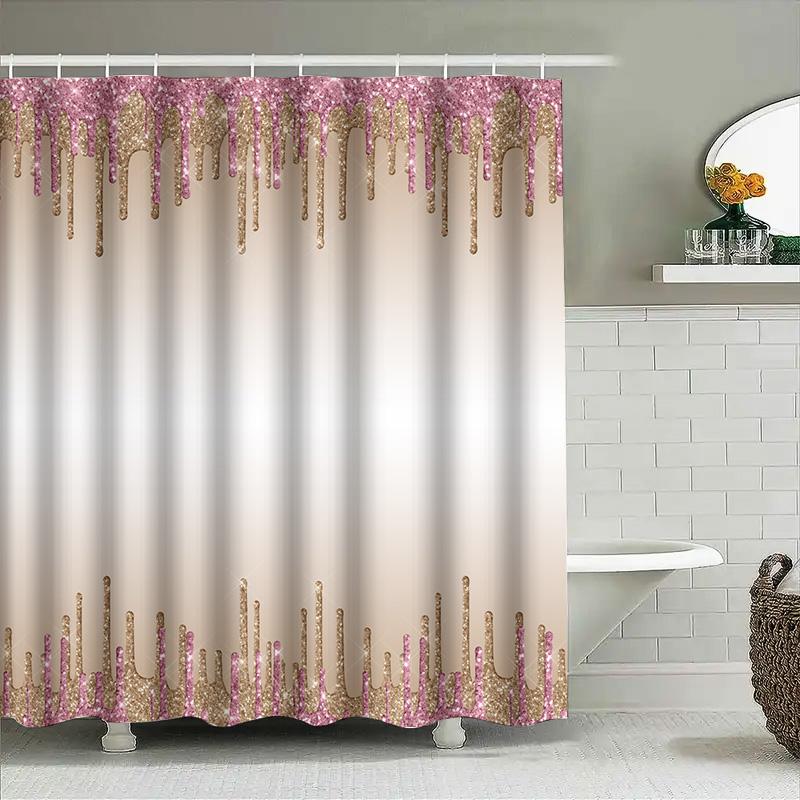 Luxury Bathroom Shower Curtain Set With Gold Sparkle And Pink Glitter: Dripping Waterfall Design For Home Decor Modern Bath Acce