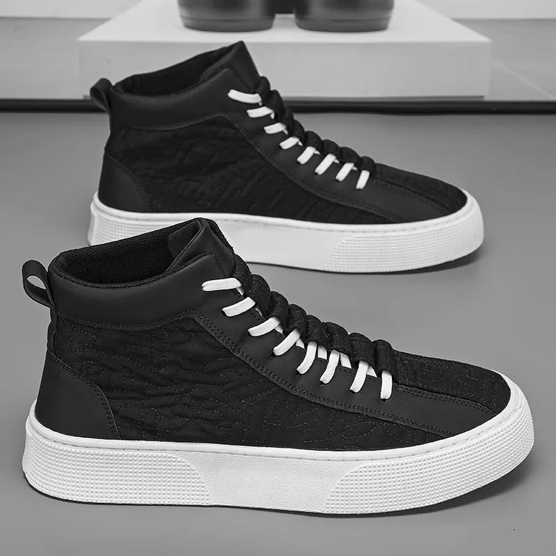 

Чоловічі високі кеди Модні шкіряні повсякденні туфлі Нові чоловічі кеди для скейтборду Високі вулканізовані туфлі для чоловіків Tenis Masculino 39 чорний