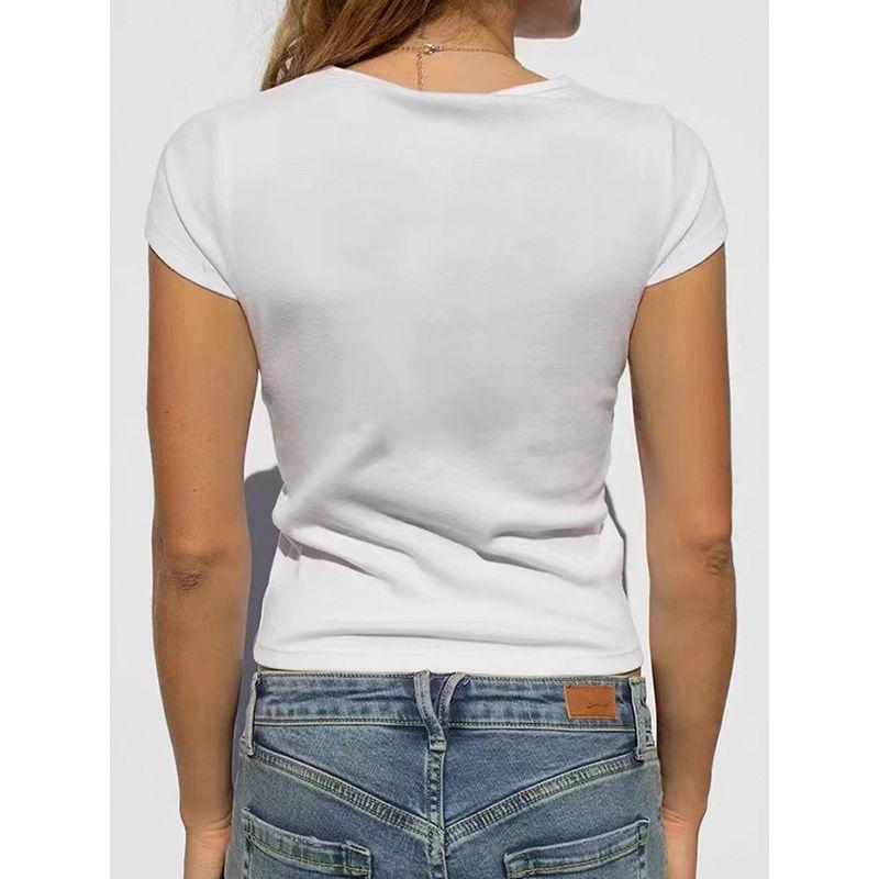 2025 Summer Pure Cotton Rubik's Cube Earth American Sexy Shoulder T-shirt Women's Round Neck Print Short Sleeve Silm Tops
