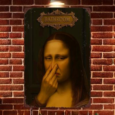 Funny Mona Lisa Hold Nose Bathroom Vintage Metal Sign Humorous Classic Art Parody Wall Plaque Restroom Toilet Home Wall Decor