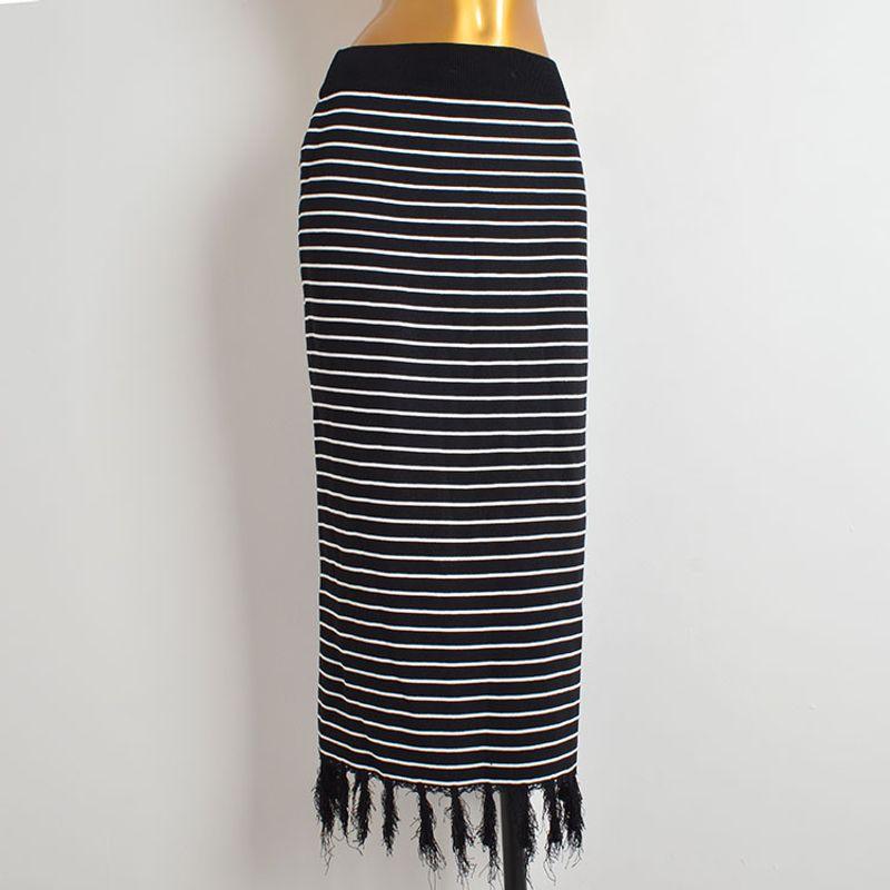 

Spring & Fall New Arrival Minimalist Contrast Color Stripes Fringed Burr Knitting Women s Skirt Summer High Waist Mid Length Long Length Bodycon Dress Black and white stripes One size
