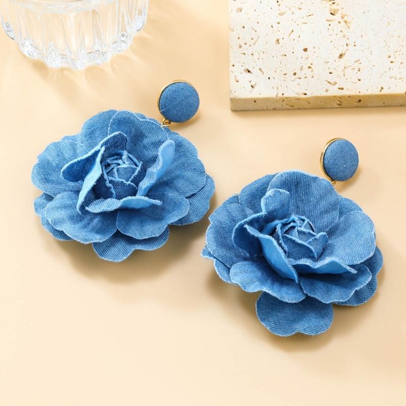 Orecchini Floreali Esagerati Fatti a Mano Orecchini Fiore di Rosa Eleganti Denims Fiori Orecchini Pendenti Gioiello Ornamento per Donne