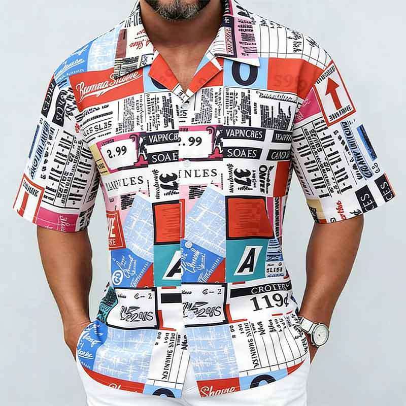Mens Newspaper Print Cuban Collar Short Sleeve Casual Button Up Shirt S