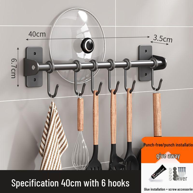 Punch-Free Wall-Mounted Kitchen Storage Rack with Hooks for Pots, Turners, and Spoons