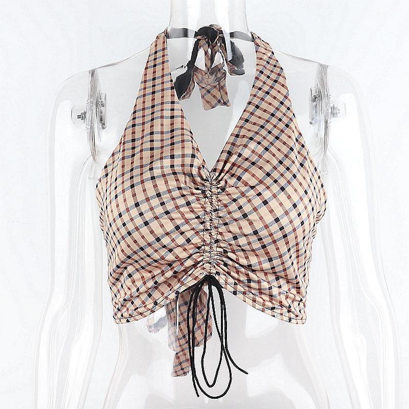 

Y2K уличный сексуальный клетчатый топ-майка на бретелях со шнуровкой сзади, облегающий, с вырезом под шею M хаки