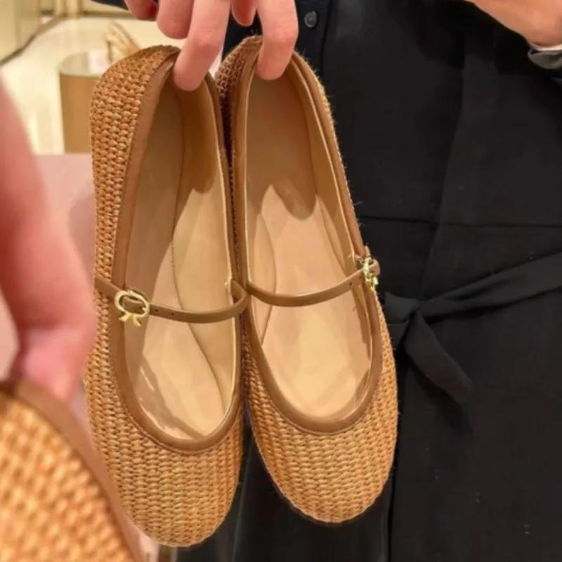 Women's Fashion Flat Shoes Autumn New Round Head Shallow Mouth One Word Buckle Straw Plaited Breathable Soft Sole Shoes