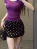Apricot Polka Dot Women's High-Waisted Slim Fit Short Skirt Suit for Petite Sizes - Versatile Summer Hip-Hugging Design