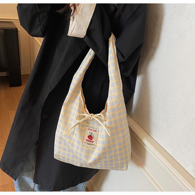 Plaid Shoulder Tote Bag With Cute Bow Decor Large Capacity For Daily Shopping School Commute
