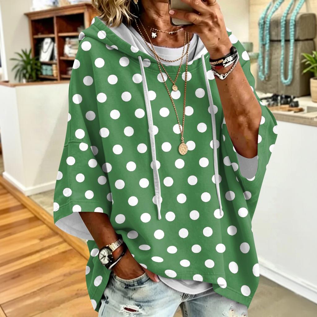 Women's Polka Dot Print Drawstring Hooded Sweatshirt Loose Fit Casual Top