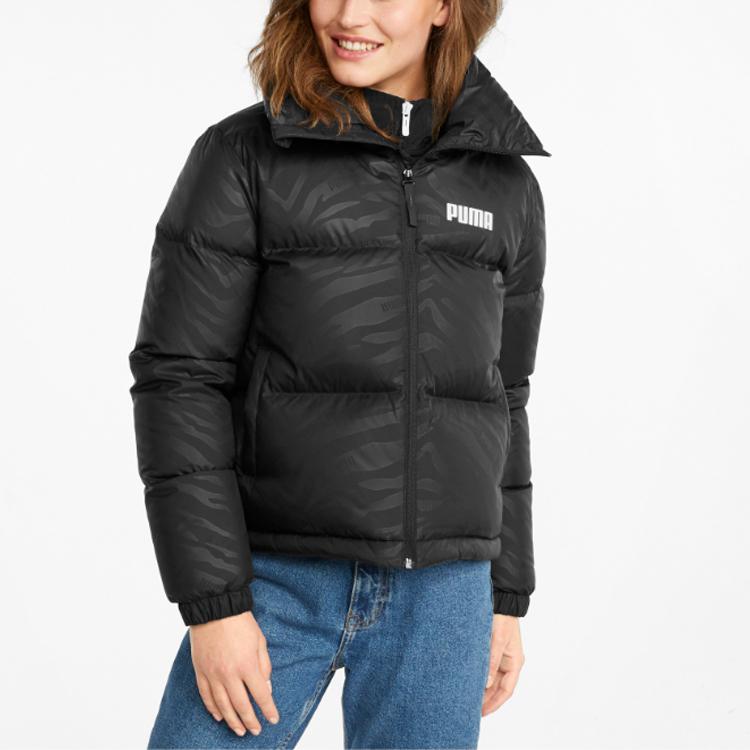 Puma Women's Black Logo Print Short Stand Collar Warm Winter Down Jacket