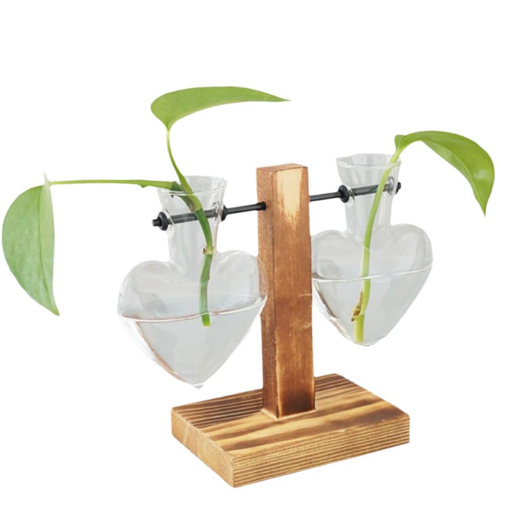 Classic Glass Hydroponic Plant Vases Transparent Wooden Stand Terrarium Vase Bulb Vase for Tabletop Plants