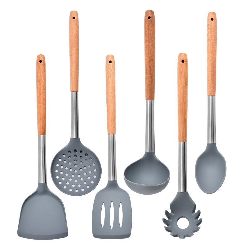 Silicone Kitchen Utensils Wooden Handle Non Stick Pot Kitchenware Cooking Set Heat-resistant Soup Spoon Pasta Colander Shovel