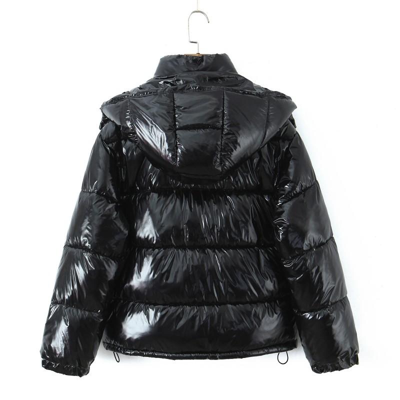 Ins Style Winter Hooded Puffer Jacket Solid Color PU Leather Cotton Coat Loose Fit Women