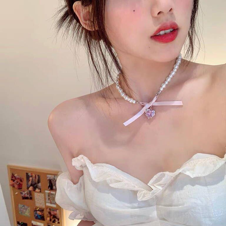 French Pink Heart Bow Pearl Princess Choker Necklace - Cute Clavicle Chain Luxury Accessory