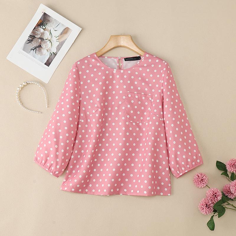 

ZANZEA Женская повседневная блузка с круглым вырезом и рукавами 3/4 свободного кроя с принтом в горошек 5XL розовый