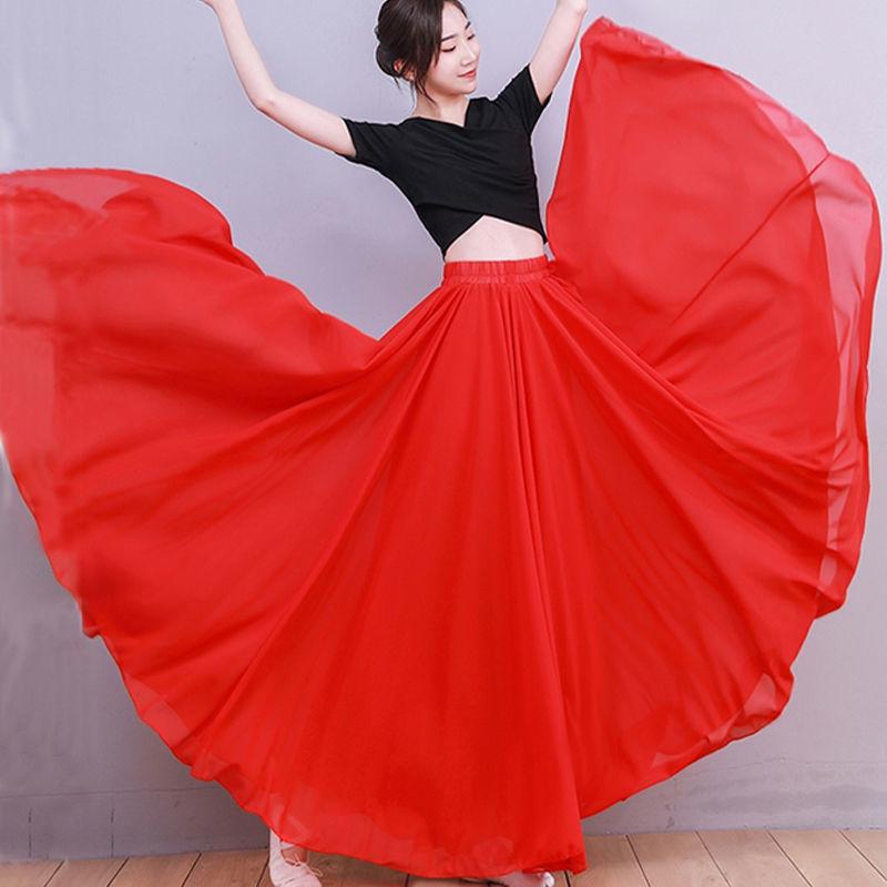 720° Chiffon Swing Skirt: High Waist, Ethnic Dance Red, Slimming Design