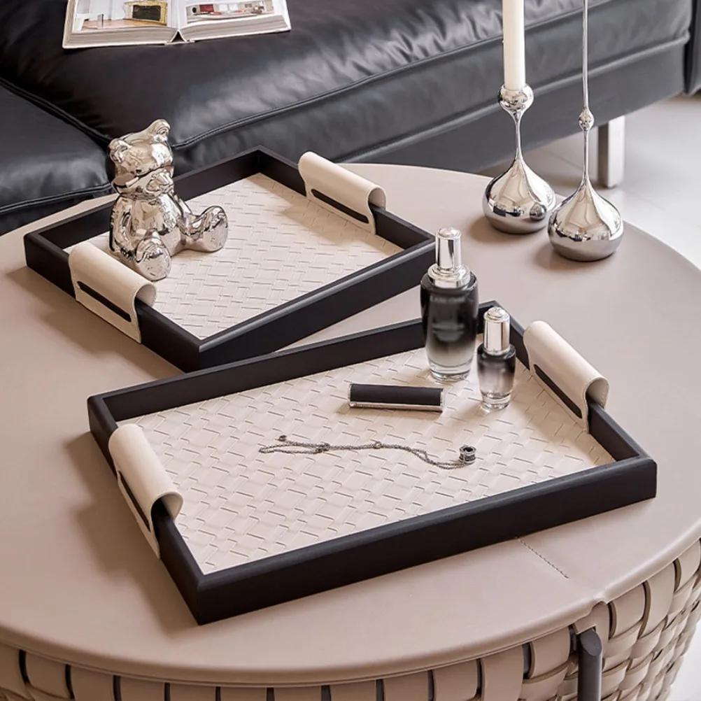 Plateau en Bois Massif Motif Tissé Plateaux d'Aromathérapie Plateau Décoratif Maison Rétro Salon Plateau en Cuir Fait Main Ornement
