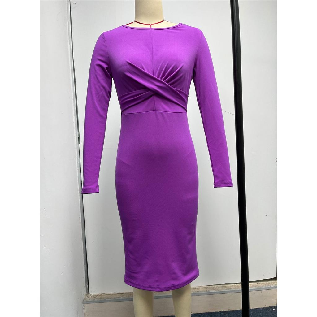 Damen Langarm Rundhals Französisch Retro Slim Langes Kleid