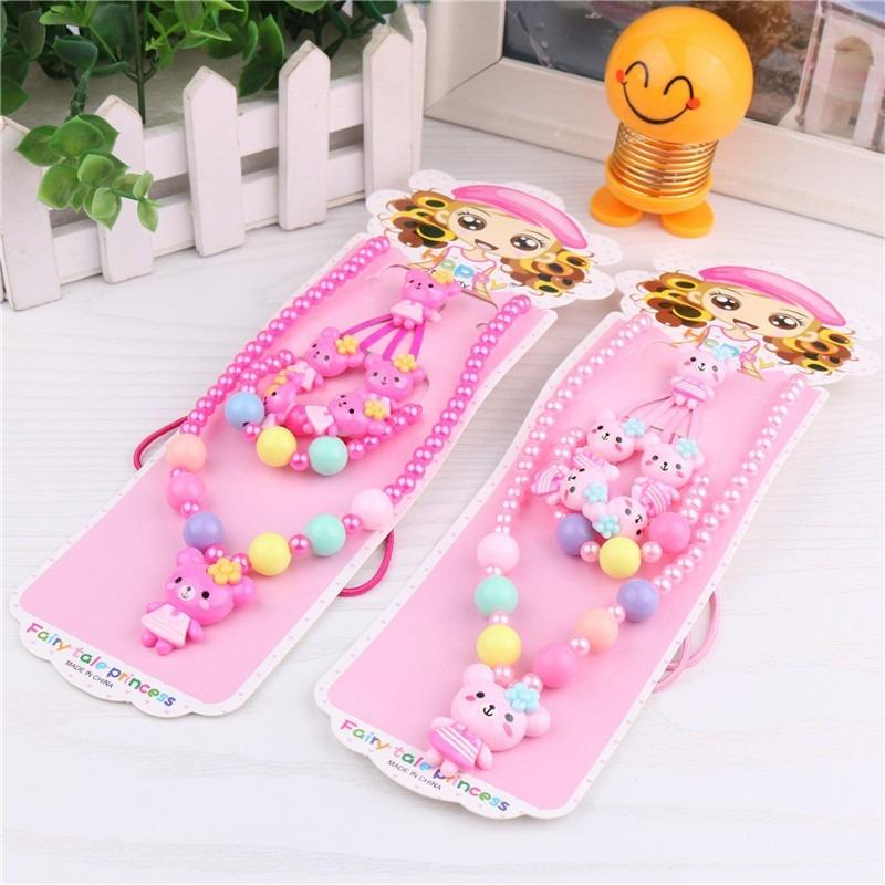 Set de joyería de dibujos animados para niñas - collar de princesa de perlas, anillo, pinza para el pelo y goma para el pelo, set de 5 piezas