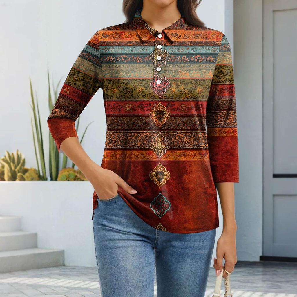 Women's Fashion Casual Lapel Short 3/4 Sleeve Print Shirt Women's Button Up Tops