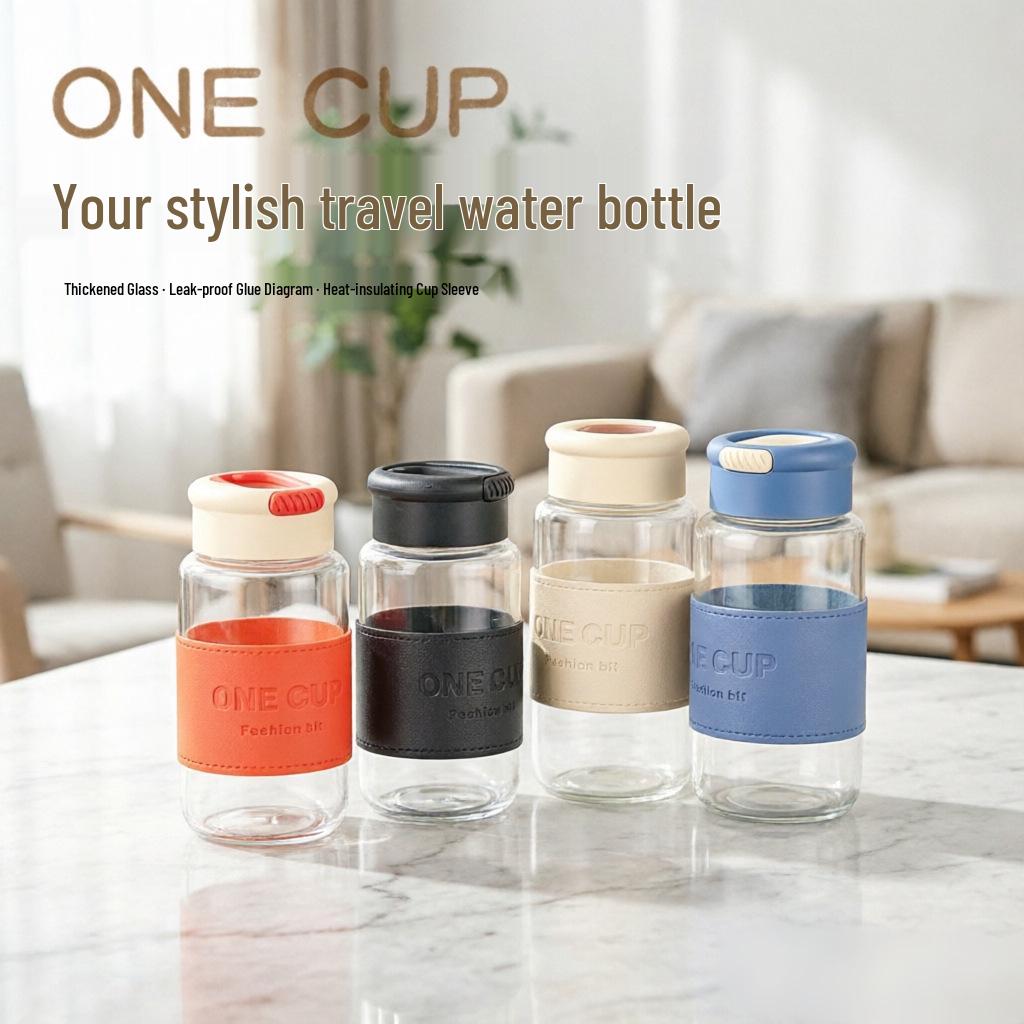 Leak-Proof High-Value Glass Water Cup with Lanyard, Portable Leather Case, and Heat Insulation for Tea Brewing - Ideal for Men, Women, and Students.