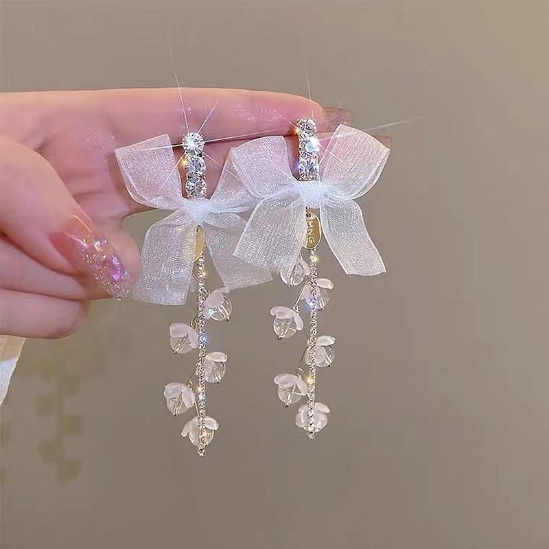 Exquisite Rhinestone Tassel Bow Earrings - Silver Mesh Needle Studs with Fairy Design
