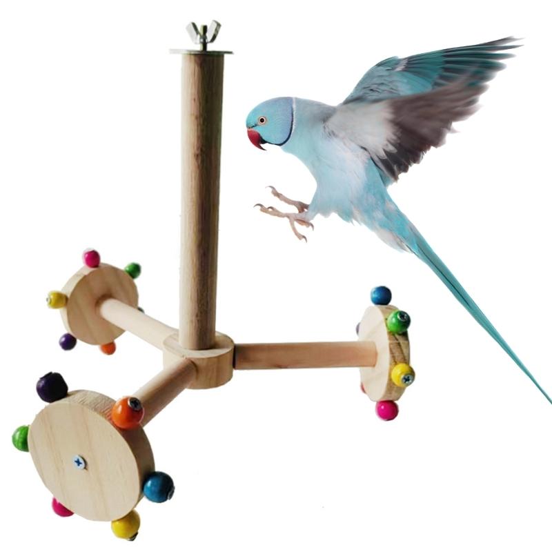 Interactive Wooden Bird Stand with Rotating Feature Bird Cage Colorful Parrot Perch Windmill Toy for Mental Stimulation