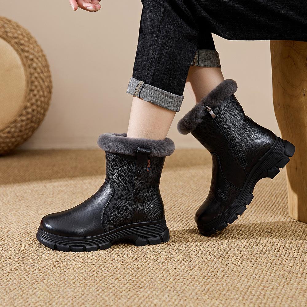 Damskie duże rozmiary miękkie elastyczne zimowe skórzane wodoodporne ciepłe ocieplane śniegowce antypoślizgowe odporne na ścieranie outdoorowe rekreacyjne sportowe bawełniane buty