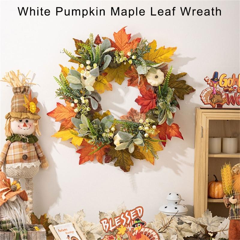 Artificial Wreath with Pumpkins Thanksgiving Wreath for Front Door, Window, Farmhouses, Indoor and Outdoor Decorations