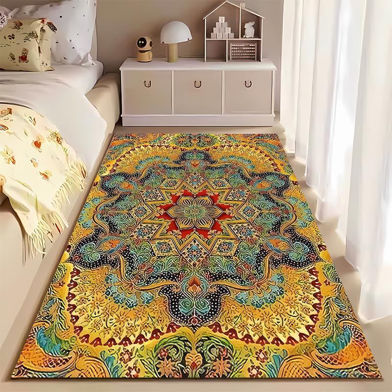 Mandala Pattern Carpet with Boho Star Design, Yellow and Red Tones Suitable for use as an anti-slip for living room bedroom sofas
