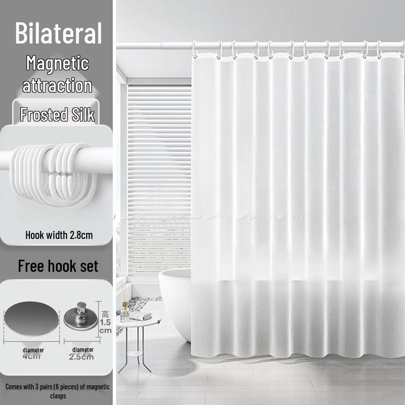 Yipan No-Punch Magnetic Frosted Shower Curtain with Adjustable Rod