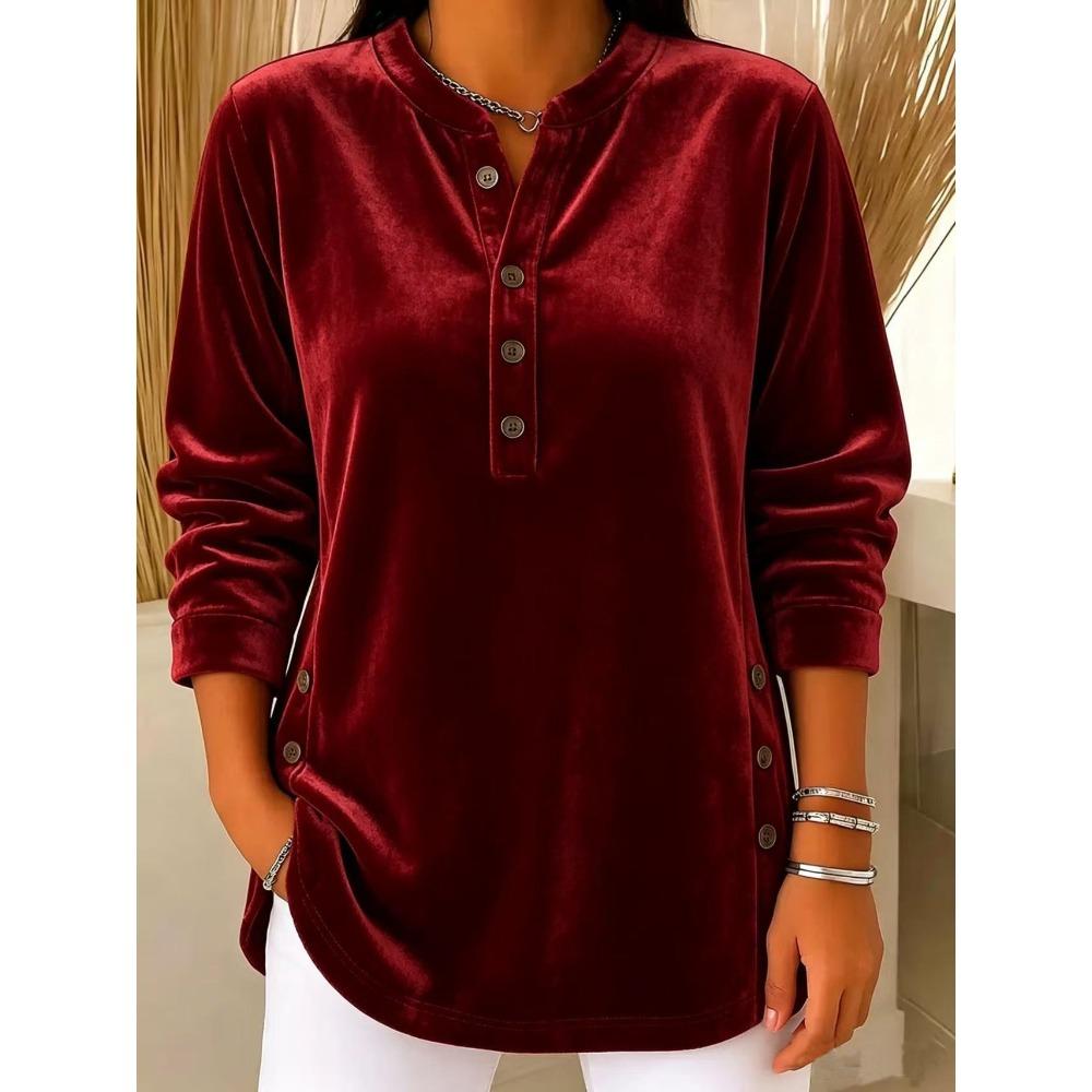 Autumn Winter New Women's Gold Velvet Top Casual Loose V-Neck Button Long Sleeve T-Shirt Velour Tee