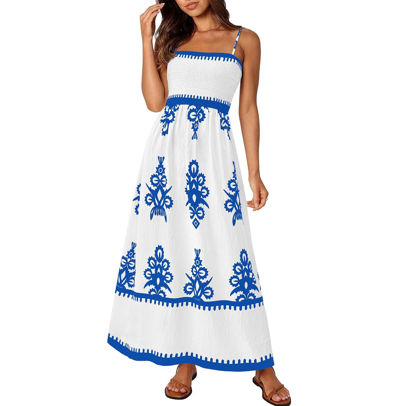

Women s Fashionable Retro Printed Bohemian Beach Dress Beach Vacation Strap Dress XL білий