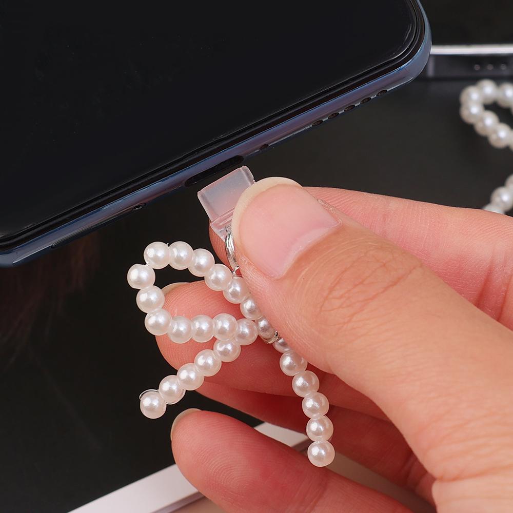 Pearl Bowknot Mobile Phone Dust Plugs DIY Anti Dust Charger Port Plugs Protector Pendant Cap for Apple IPhone 14 Android Type C