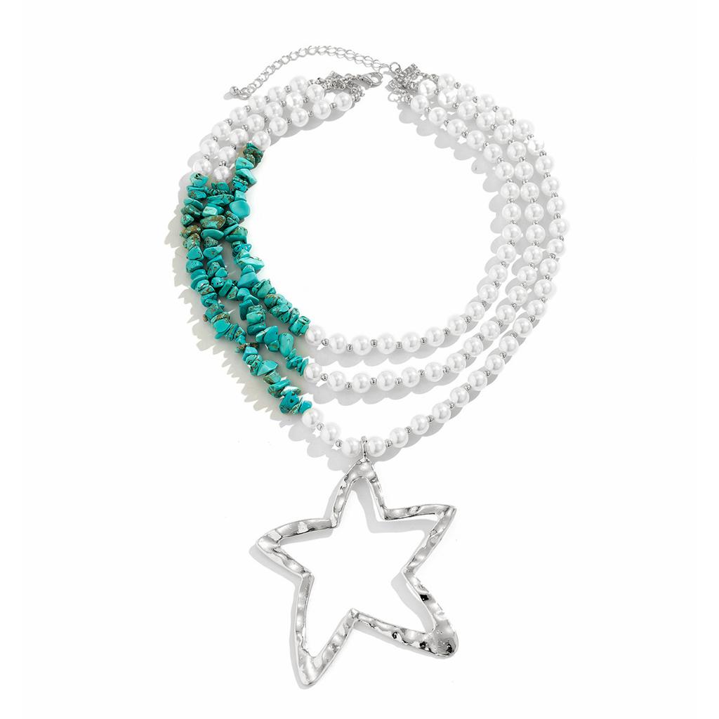Wind Exaggerated Sweet Cool Imitation Pearl Beaded Necklace Turquoise Neck Chain Multi-Layer Simple Star Necklace