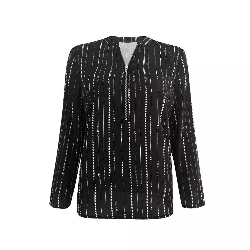 Spring and Autumn Leisure Commuting Elegant Stripe Zipper Long Sleeve Women's Blouses & Shirts