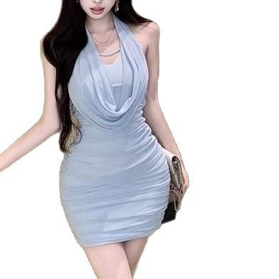 Mesh neck sling dress women's summer pure desire spice girl sexy hip skirt high sense v-neck tube top skirt