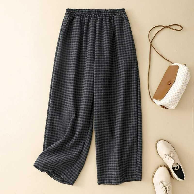 Прямые брюки в клетку из смесовой шерсти с эластичной талией Повседневные брюки S чёрный