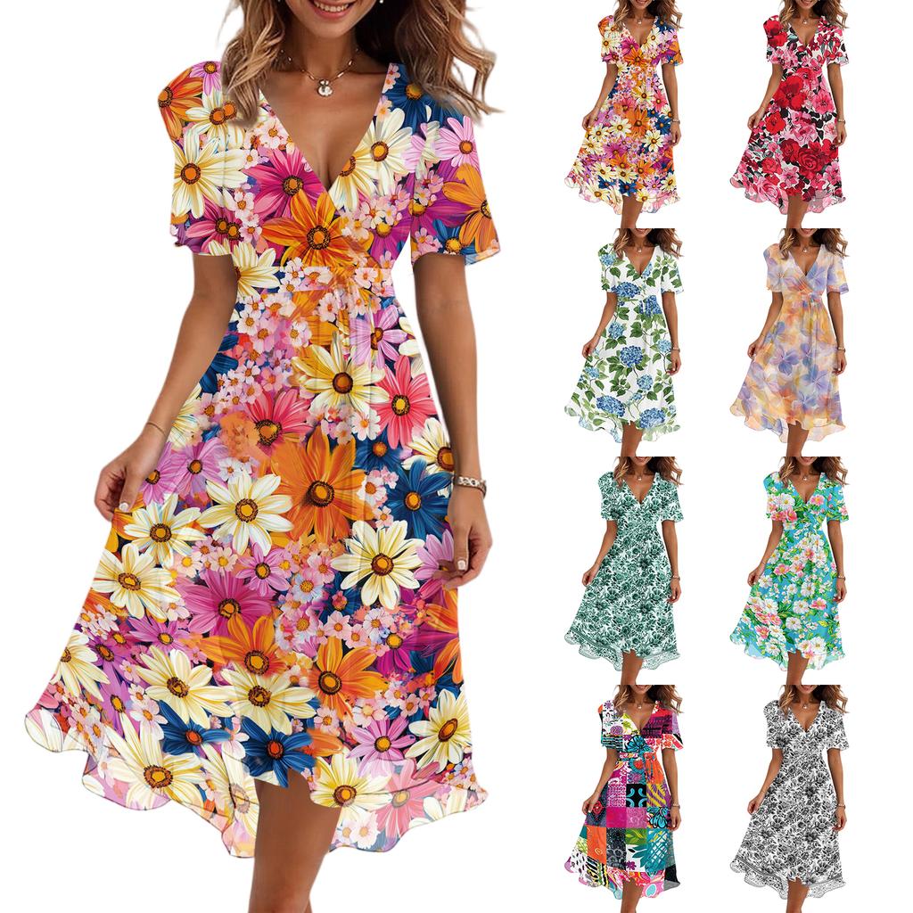 Women's Fashion Casual V Neck Short Sleeve Retro Floral Print Dress Midi Length Lightweight Summer Dress