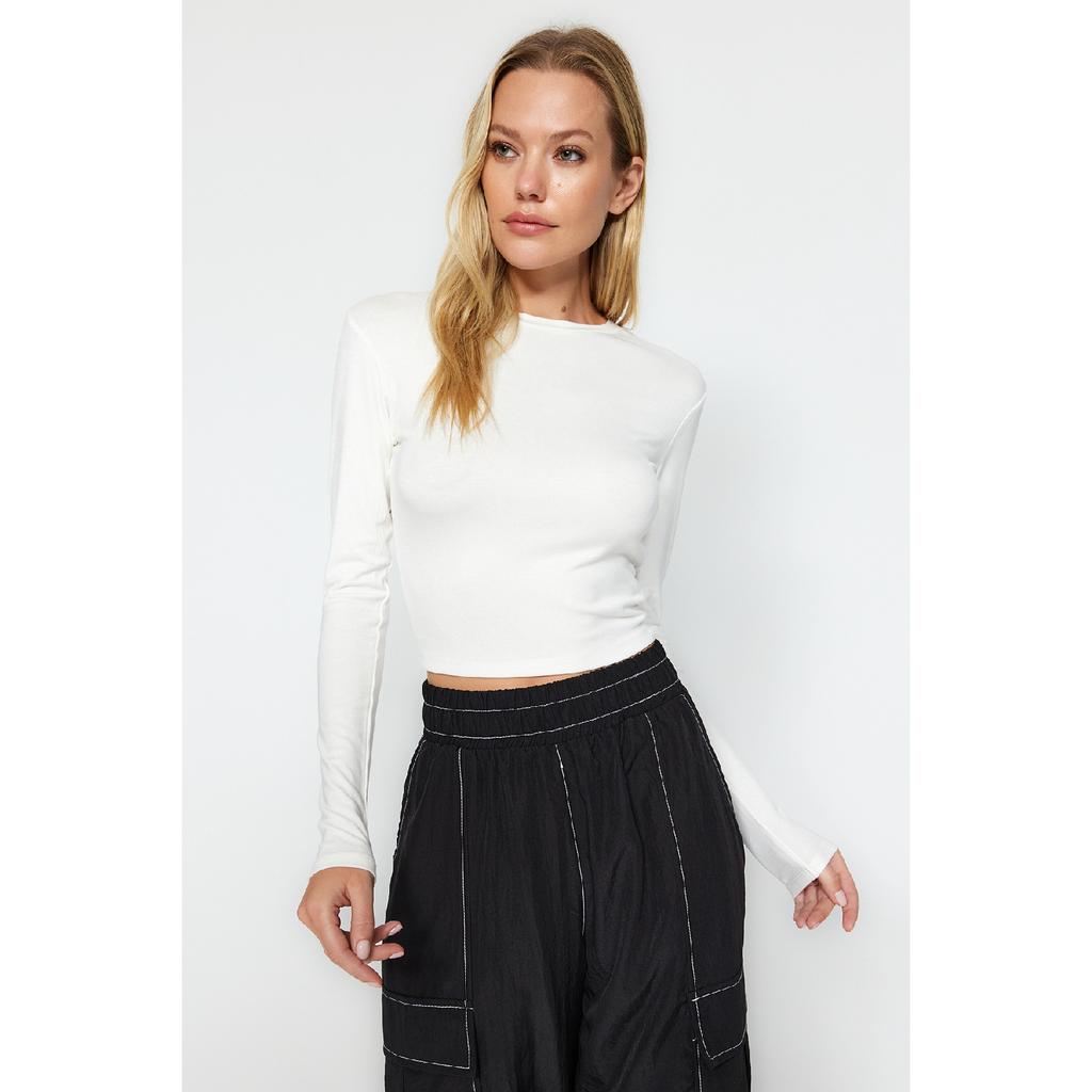 Ecru Premium Viskose Rundhals Crop Dehnbarer Strickbluse Twoaw24bz00116